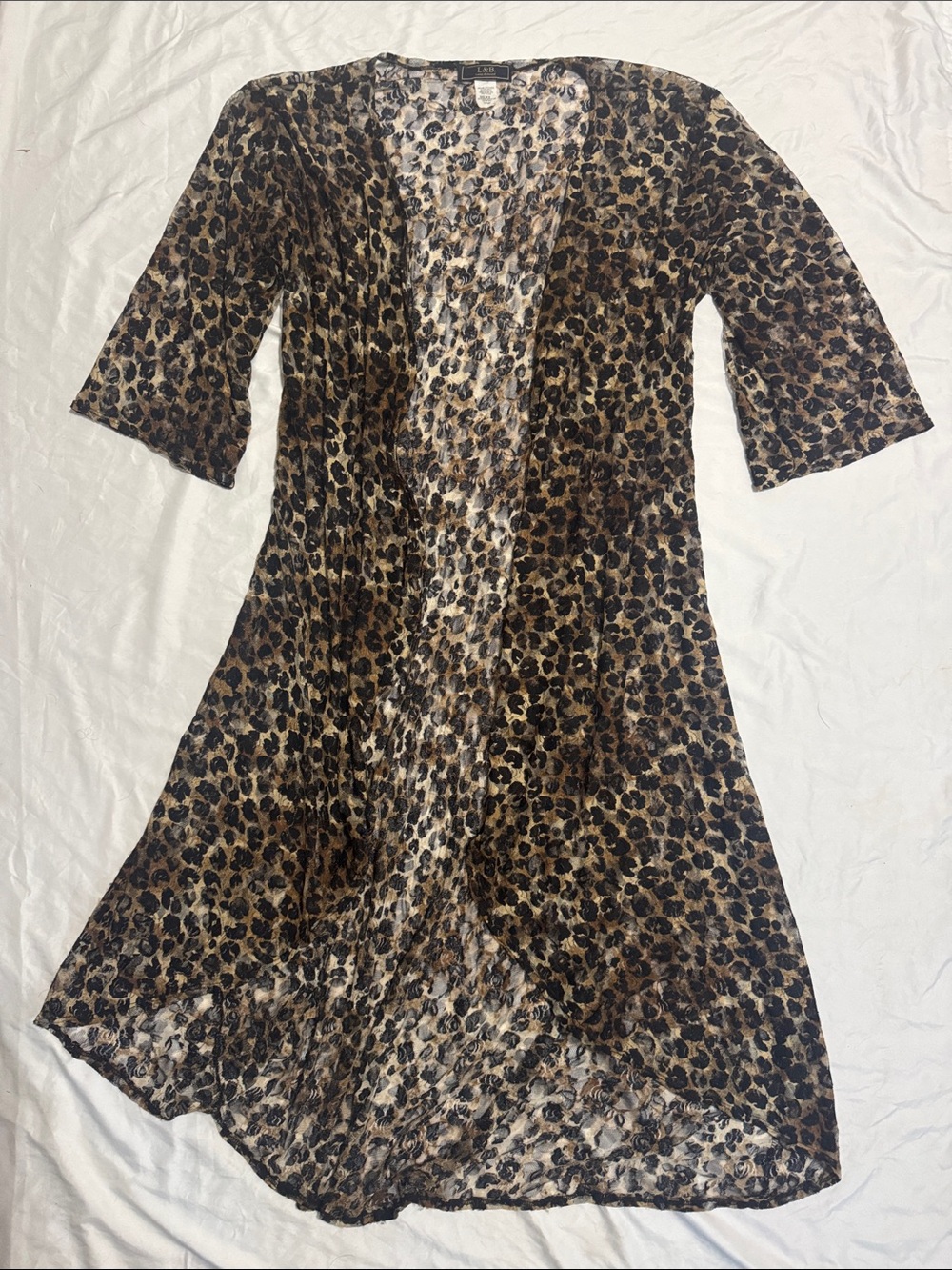 Lucky & Blessed Leopard Print Sheer Mesh Kimono Cardigan High Low Duster Top L - Picture 3 of 6
